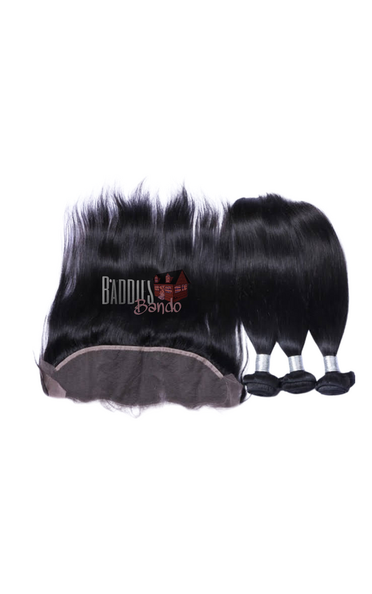 Straight hd lace frontal + 3 luxury Indian hair bundles